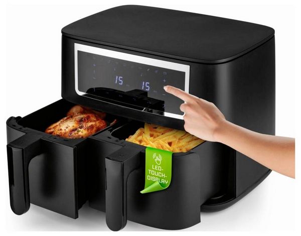Produktbild: GourmetMaxx GOURMETmaxx Hei&szlig;luft-Fritteuse Doppelkorb 2x 4l schwarz matt/Edelstahl Hei&szlig;luft-Fritteuse 8 l 2600 W Schwarz