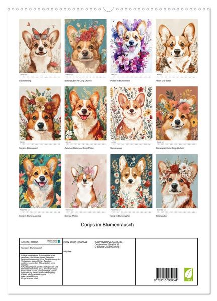 Produktbild: Corgis im Blumenrausch (hochwertiger Premium Wandkalender 2027 DIN A2 hoch), Kunstdruck in Hochglanz