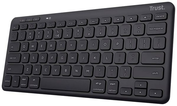 Trust Lyra Compact Bluetooth , Funk Tastatur Deutsch, QWERTZ Schwarz Wiederaufladbar, Geräuscharme Tasten, Spritzwassergeschützt, Multimediatasten
