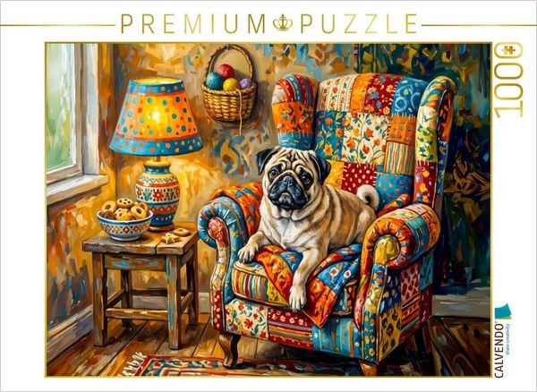 CALVENDO Puzzle Mops entspannt gemütlich im bunten Ohrensessel Puzzle | 1000 Teile Lege-Größe 64x48cm Foto-Puzzle für glückliche Stunden