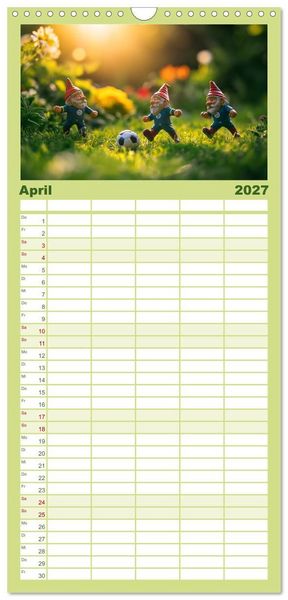 Produktbild: Familienplaner 2027 - Sportliche Gartenzwerge mit 5 Spalten (Wandkalender, 21 x 45 cm) CALVENDO