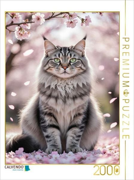 CALVENDO Puzzle Eine Maine Coon Katze sitzt unter blühenden Kirschblüten und zeigt ihre ganze Schönheit. | 2000 Teile Lege-Größe 90x67cm Foto-Puzzle f