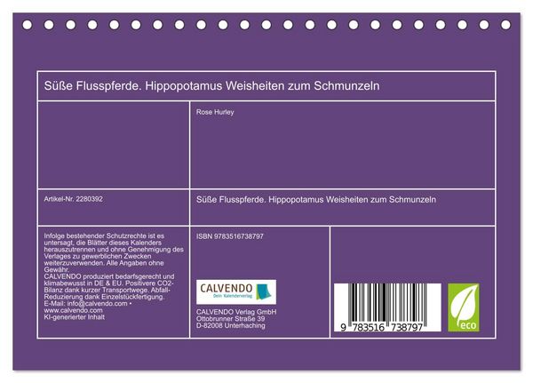 Produktbild: S&uuml;&szlig;e Flusspferde. Hippopotamus Weisheiten zum Schmunzeln (Tischkalender 2026 DIN A5 quer), CALVENDO Monatskalender