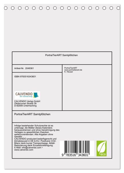Produktbild: PortraiTierART Samtpf&ouml;tchen (Tischkalender 2026 DIN A5 hoch), CALVENDO Monatskalender
