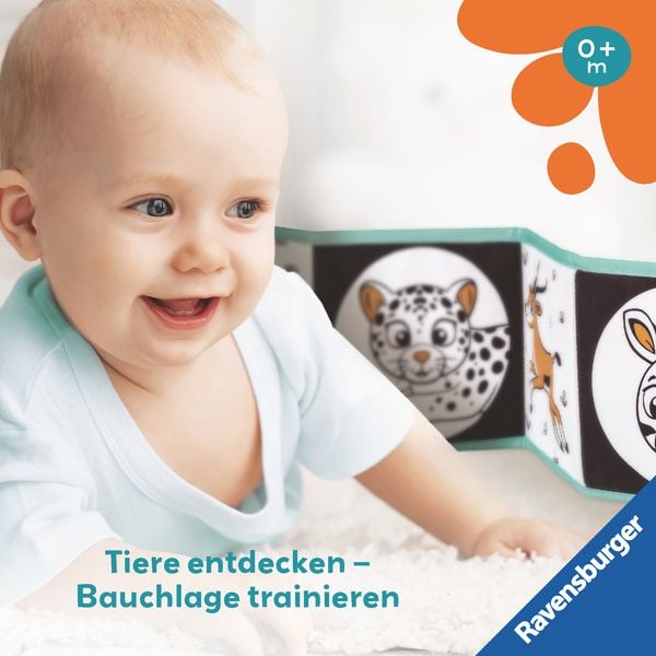 Produktbild: Ravensburger 4856 - play+ Mein allererstes Stoffbuch, für die Bauchlage: Wilde Tiere (Leporello)