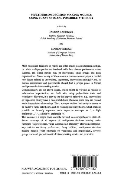 Produktbild: Multiperson Decision Making Models Using Fuzzy Sets and Possibility Theory