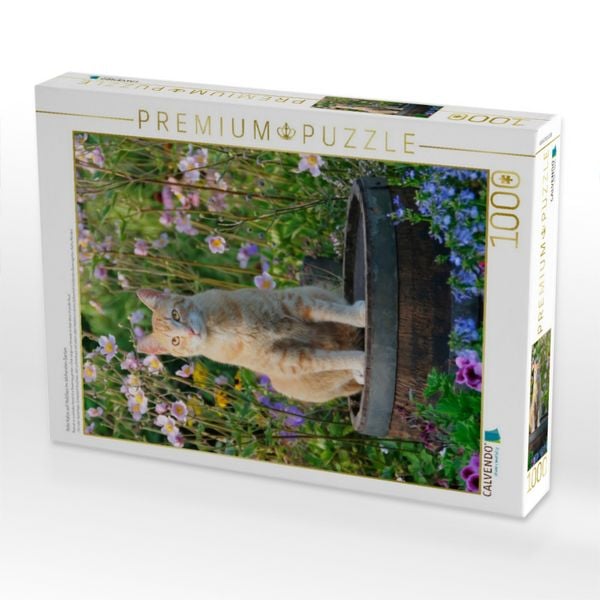Produktbild: CALVENDO Puzzle Rote Katze auf Holzfass im bl&uuml;henden Garten | 1000 Teile Lege-Gr&ouml;&szlig;e 64x48cm Foto-Puzzle f&uuml;r gl&uuml;ckliche Stunden