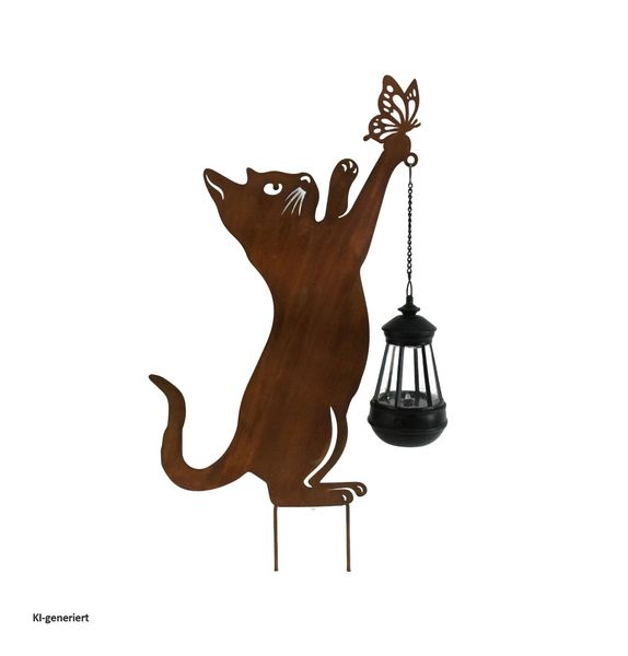 Produktbild: HTI-Living Gartenstecker Katze mit Lampe Metall Rostoptik Gartendeko mit Laterne
