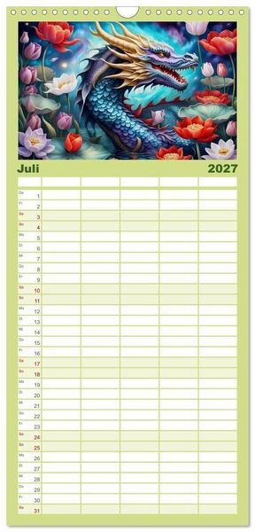 Produktbild: Familienplaner 2027 - Drachen - Mystische Wesen mit 5 Spalten (Wandkalender, 21 x 45 cm) CALVENDO