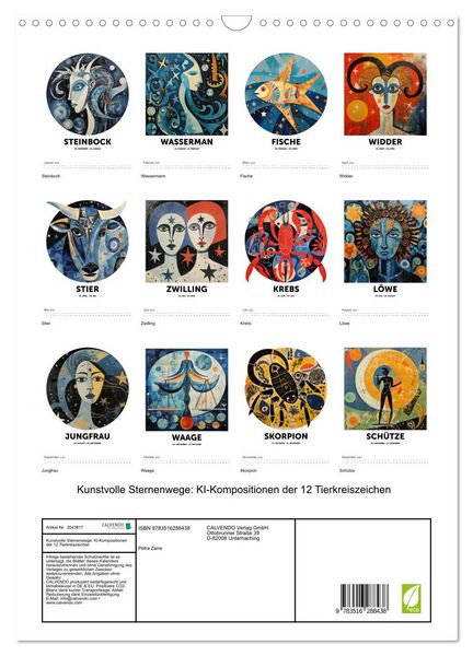 Produktbild: Kunstvolle Sternenwege: KI-Kompositionen der 12 Tierkreiszeichen (Wandkalender 2026 DIN A3 hoch), CALVENDO Monatskalender