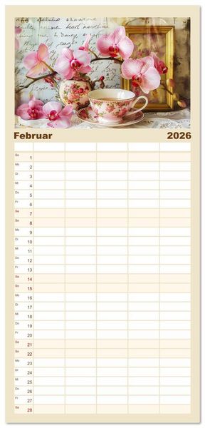 Produktbild: Familienplaner 2026 - Shabby Chic Romantik - Vintage Tassen, Blumen und nostalgische Briefe mit 5 Spalten (Wandkalender, 21 x 45 cm) CALVENDO