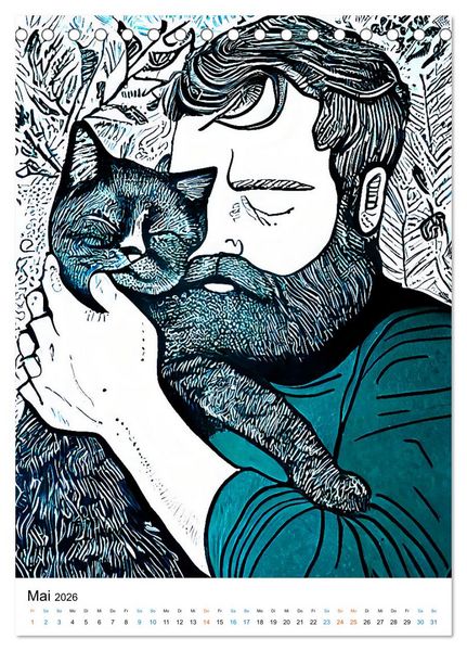 Produktbild: Katzen Linolschnitt - Der Kalender mit kunstvollen Portr&auml;ts der Samtpfoten (Tischkalender 2026 DIN A5 hoch), CALVENDO Monatskalender