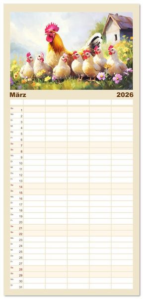 Produktbild: Familienplaner 2026 - Im Glanz der Federn. Sch&ouml;ne H&uuml;hner in malerischer Harmonie mit 5 Spalten (Wandkalender, 21 x 45 cm) CALVENDO