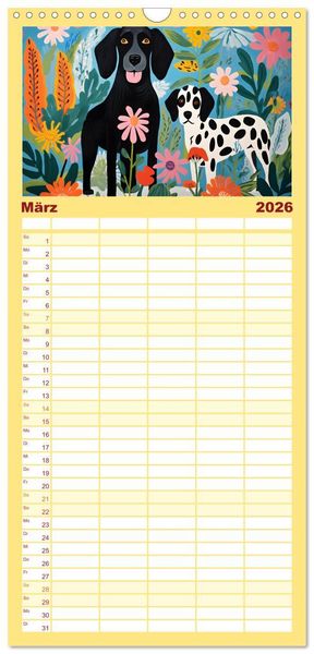 Produktbild: Familienplaner 2026 - Hunde Kunstwerke - Hunde im Stil des Fauvismus k&uuml;nstlerisch gestaltet mit 5 Spalten (Wandkalender, 21 x 45 cm) CALVENDO