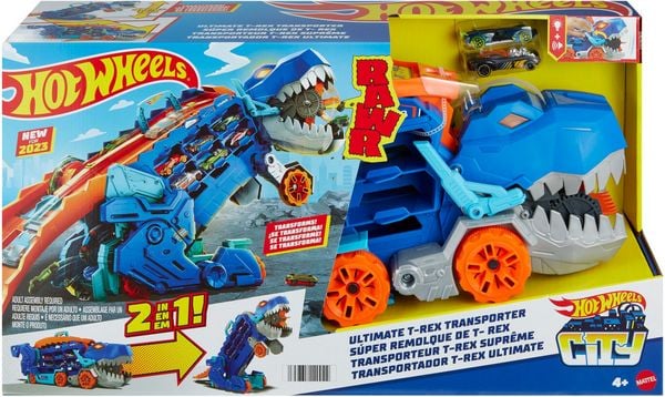 Produktbild: Der Hot Wheels City Ultimative Transporter verwandelt sich in einen T-Rex mit Rennstrecke, Aufbewahrung von mehr als 20 Autos