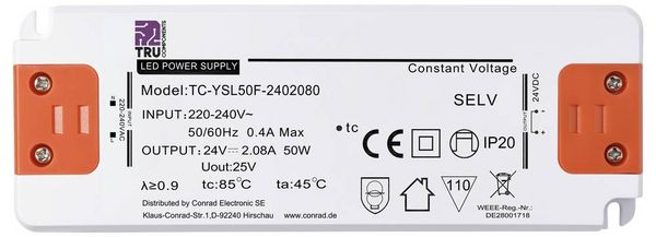 Produktbild: TRU COMPONENTS TC-YSL50F-2402080 LED-Trafo Konstantspannung 50W 2.08A 24 V/DC M&ouml;belzulassung, &Uuml;berspannung, Montage auf