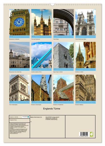 Produktbild: Englands T&uuml;rme (Wandkalender 2026 DIN A2 hoch), CALVENDO Monatskalender