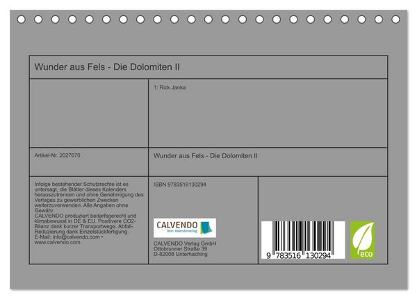Produktbild: Wunder aus Fels - Die Dolomiten II (Tischkalender 2026 DIN A5 quer), CALVENDO Monatskalender