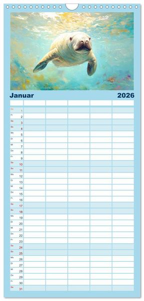 Produktbild: Familienplaner 2026 - Manatee Paintings. Rundschwanzseek&uuml;he im &Ouml;lgem&auml;lde-Stil mit 5 Spalten (Wandkalender, 21 x 45 cm) CALVENDO