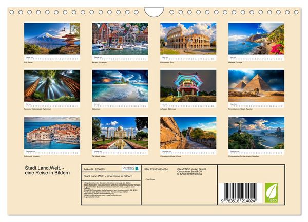 Produktbild: Stadt.Land.Welt. - eine Reise in Bildern (Wandkalender 2026 DIN A4 quer), CALVENDO Monatskalender