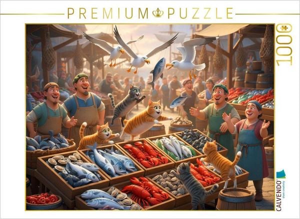 CALVENDO Puzzle Fischfang mal anders - Katzen und Möwen auf dem Fischmarkt | 1000 Teile Lege-Größe 64x48cm Foto-Puzzle für glückliche Stunden