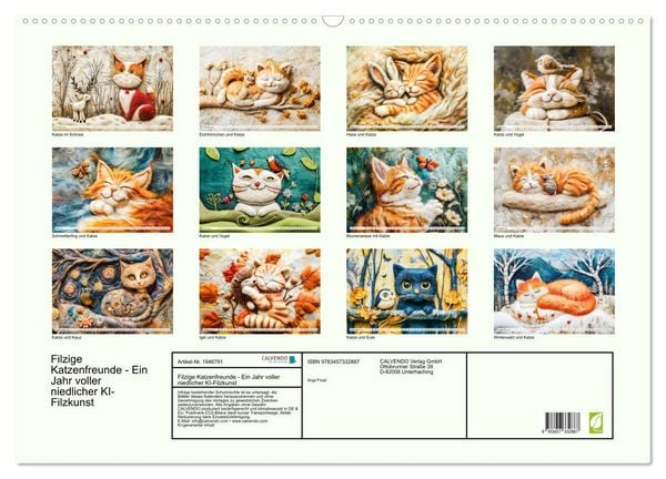 Produktbild: Filzige Katzenfreunde - Ein Jahr voller niedlicher KI-Filzkunst (Wandkalender 2026 DIN A2 quer), CALVENDO Monatskalender