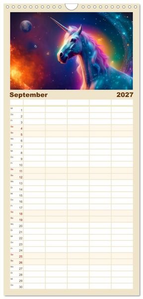 Produktbild: Familienplaner 2027 - Magische Momente im Land der Einh&ouml;rner mit 5 Spalten (Wandkalender, 21 x 45 cm) CALVENDO