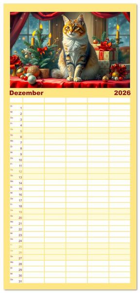 Produktbild: Familienplaner 2026 - Klassische Katzenportr&auml;ts - Katzen in opulenten Stillleben mit 5 Spalten (Wandkalender, 21 x 45 cm) CALVENDO