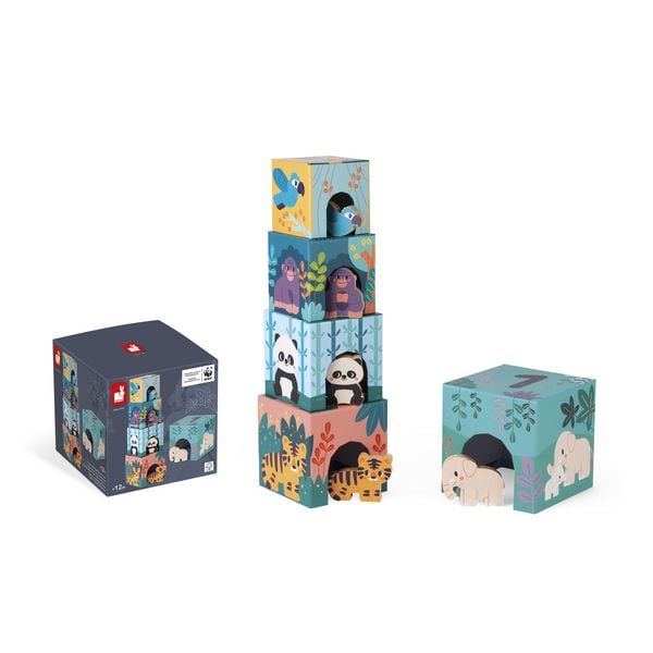 Produktbild: 5-st&ouml;ckige Tierpyramide aus Pappe mit 5 Holzfiguren &ndash; Stapelspiel ab 1 Jahr