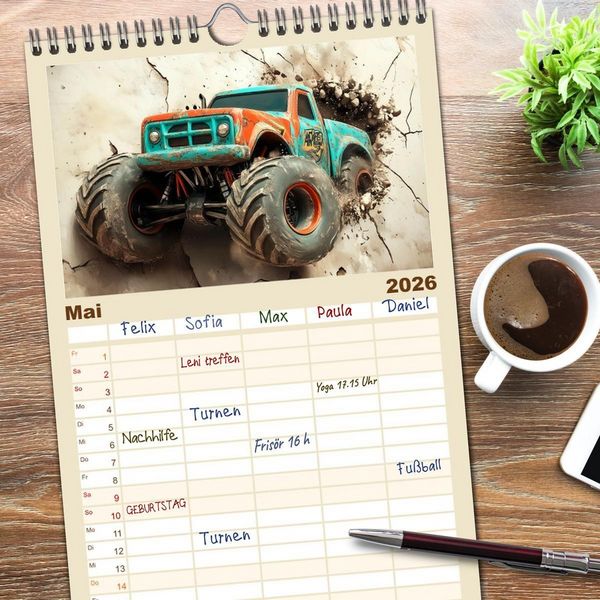 Produktbild: Familienplaner 2026 - Die Macht der Monstertrucks mit 5 Spalten (Wandkalender, 21 x 45 cm) CALVENDO
