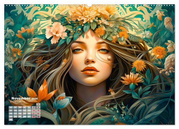Produktbild: Bl&uuml;tenzauber - Farbenfrohe Illustrationen der G&ouml;ttin Flora (hochwertiger Premium Wandkalender 2026 DIN A2 quer), Kunstdruck in Hochglanz