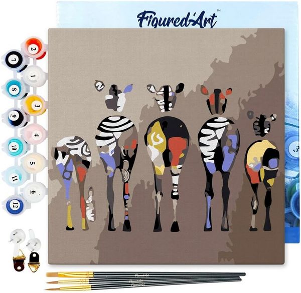 Produktbild: FiguredArt SFA090-Y - Mini Malen nach Zahlen, Zebras von Hinten, Leinwand-Keilrahmen 20x20cm, DIY Bastelset, Paint by Numbers