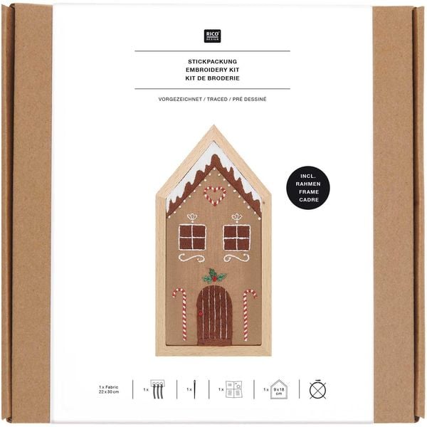 Produktbild: Stickpackung vorgezeichnet, Lebkuchenhaus, klein, inkl. Dekostickrahmen, 9x18cm