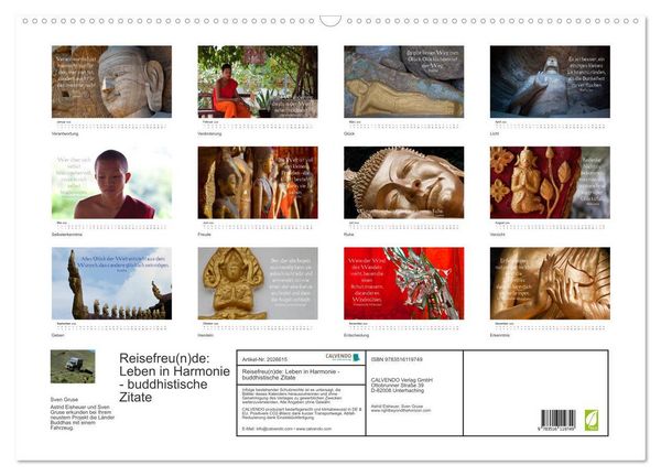Produktbild: Reisefreu(n)de: Leben in Harmonie - buddhistische Zitate (Wandkalender 2026 DIN A2 quer), CALVENDO Monatskalender