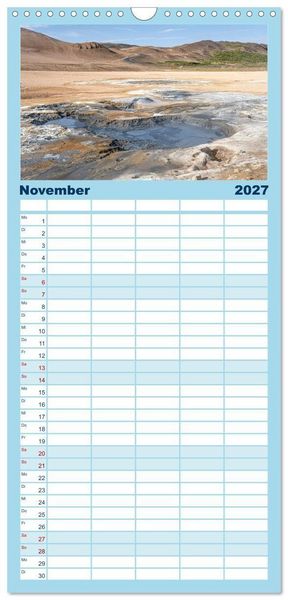 Produktbild: Familienplaner 2027 - Island - Gletscher, Wasserf&auml;lle, Hei&szlig;e Quellen mit 5 Spalten (Wandkalender, 21 x 45 cm) CALVENDO