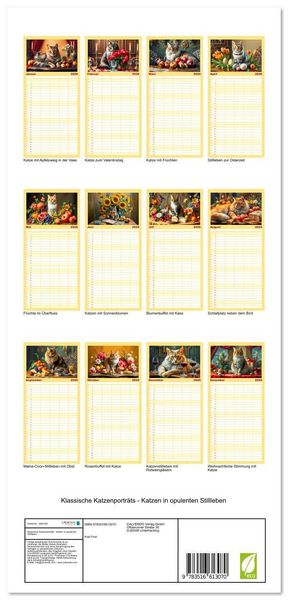 Produktbild: Familienplaner 2026 - Klassische Katzenportr&auml;ts - Katzen in opulenten Stillleben mit 5 Spalten (Wandkalender, 21 x 45 cm) CALVENDO