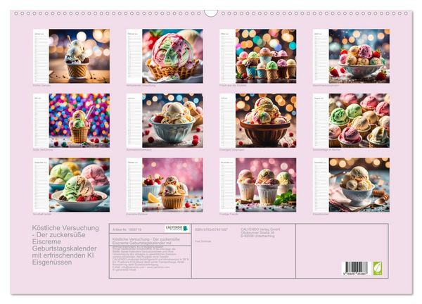 Produktbild: K&ouml;stliche Versuchung - Der zuckers&uuml;&szlig;e Eiscreme Geburtstagskalender mit erfrischenden KI Eisgen&uuml;ssen (Wandkalender 2026 DIN A2 quer), CALVENDO Monatskalender