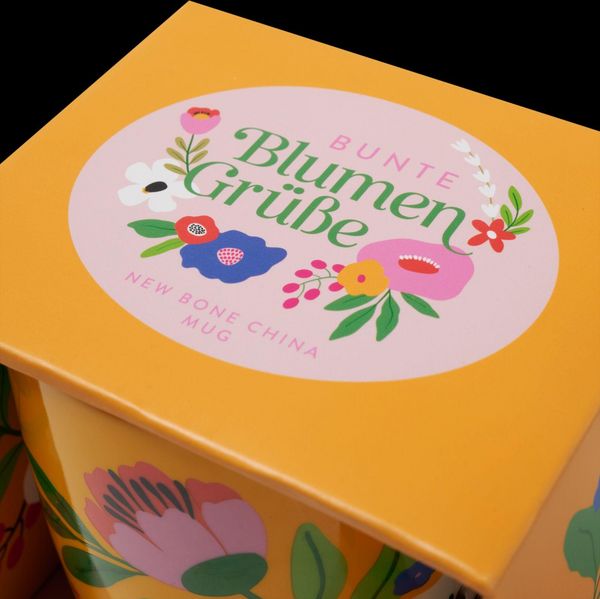 Produktbild: Bunte Blumengr&uuml;&szlig;e Kaffeebecher gelb, 350 ml