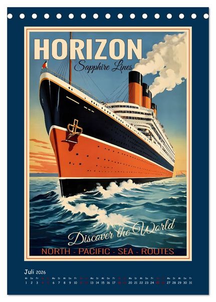 Produktbild: Vintage Schiffsplakate - nostalgische Kreuzfahrt um die Welt (Tischkalender 2026 DIN A5 hoch), CALVENDO Monatskalender