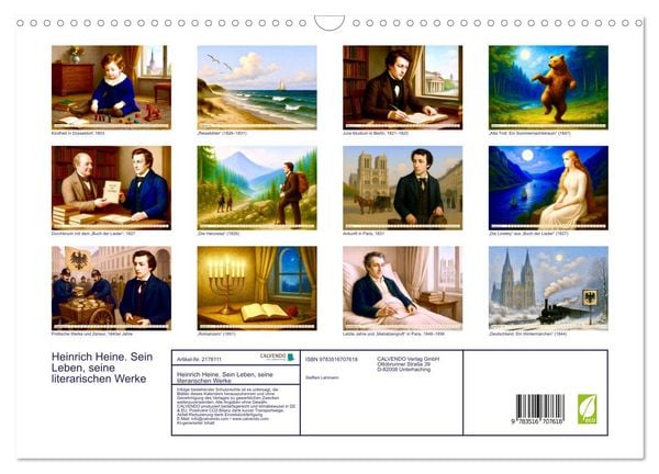 Produktbild: Heinrich Heine. Sein Leben, seine literarischen Werke (Wandkalender 2026 DIN A3 quer), CALVENDO Monatskalender