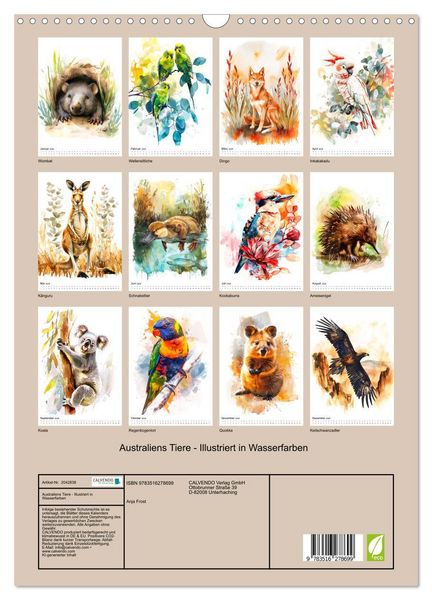 Produktbild: Australiens Tiere - Illustriert in Wasserfarben (Wandkalender 2026 DIN A3 hoch), CALVENDO Monatskalender