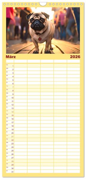 Produktbild: Familienplaner 2026 - Kleine Helden - eine Hommage an die Mopsrasse mit 5 Spalten (Wandkalender, 21 x 45 cm) CALVENDO