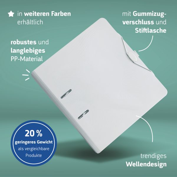 Produktbild: Brunnen Ordner &bdquo;WAVE&ldquo; &brvbar; A4, 70 mm, Hebelmechanik mit gummiertem Griff, wei&szlig;