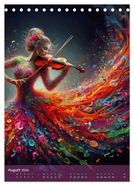 Produktbild: Musikalische Magie &ndash; Frauen in klangvollen Kleidern aus Noten und Farbe (Tischkalender 2026 DIN A5 hoch), CALVENDO Monatskalender