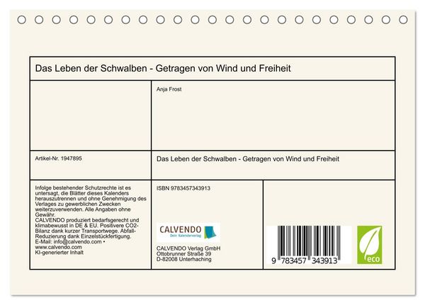 Produktbild: Das Leben der Schwalben - Getragen von Wind und Freiheit (Tischkalender 2026 DIN A5 quer), CALVENDO Monatskalender