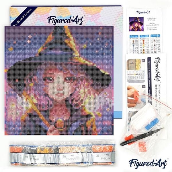 Produktbild: FiguredArt DP-SFA168-Y - Mini Diamond Painting, Bezaubernde Kleine Hexe, Leinwand-Keilrahmen (25x25cm), DIY Bastelset