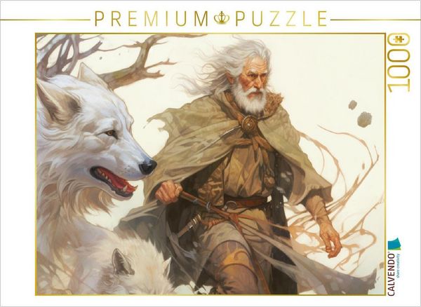 CALVENDO Puzzle Ein Druide mit seinen Wölfen | 1000 Teile Lege-Größe 64x48cm Foto-Puzzle für glückliche Stunden