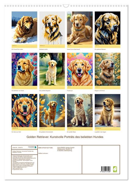Produktbild: Golden Retriever. Kunstvolle Portr&auml;ts des beliebten Hundes (Wandkalender 2026 DIN A2 hoch), CALVENDO Monatskalender