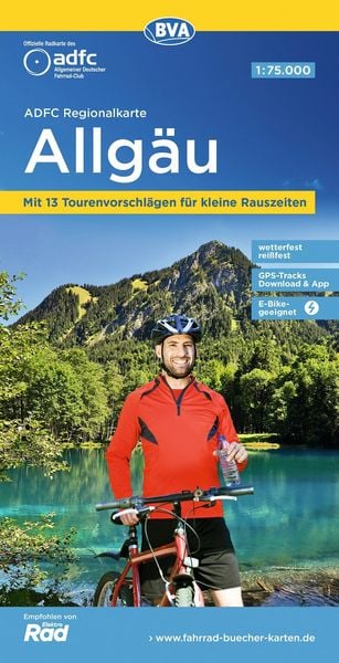 Produktbild: ADFC-Regionalkarte Allg&auml;u 1:75.000, mit Tagestourenvorschl&auml;gen, rei&szlig;- und wetterfest, E-Bike-geeignet, GPS-Tracks-Download