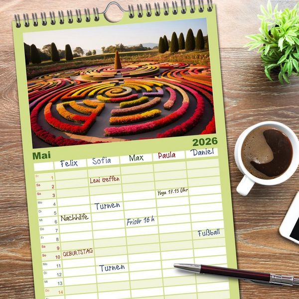 Produktbild: Familienplaner 2026 - Irrg&auml;rten und Labyrinthe mit 5 Spalten (Wandkalender, 21 x 45 cm) CALVENDO